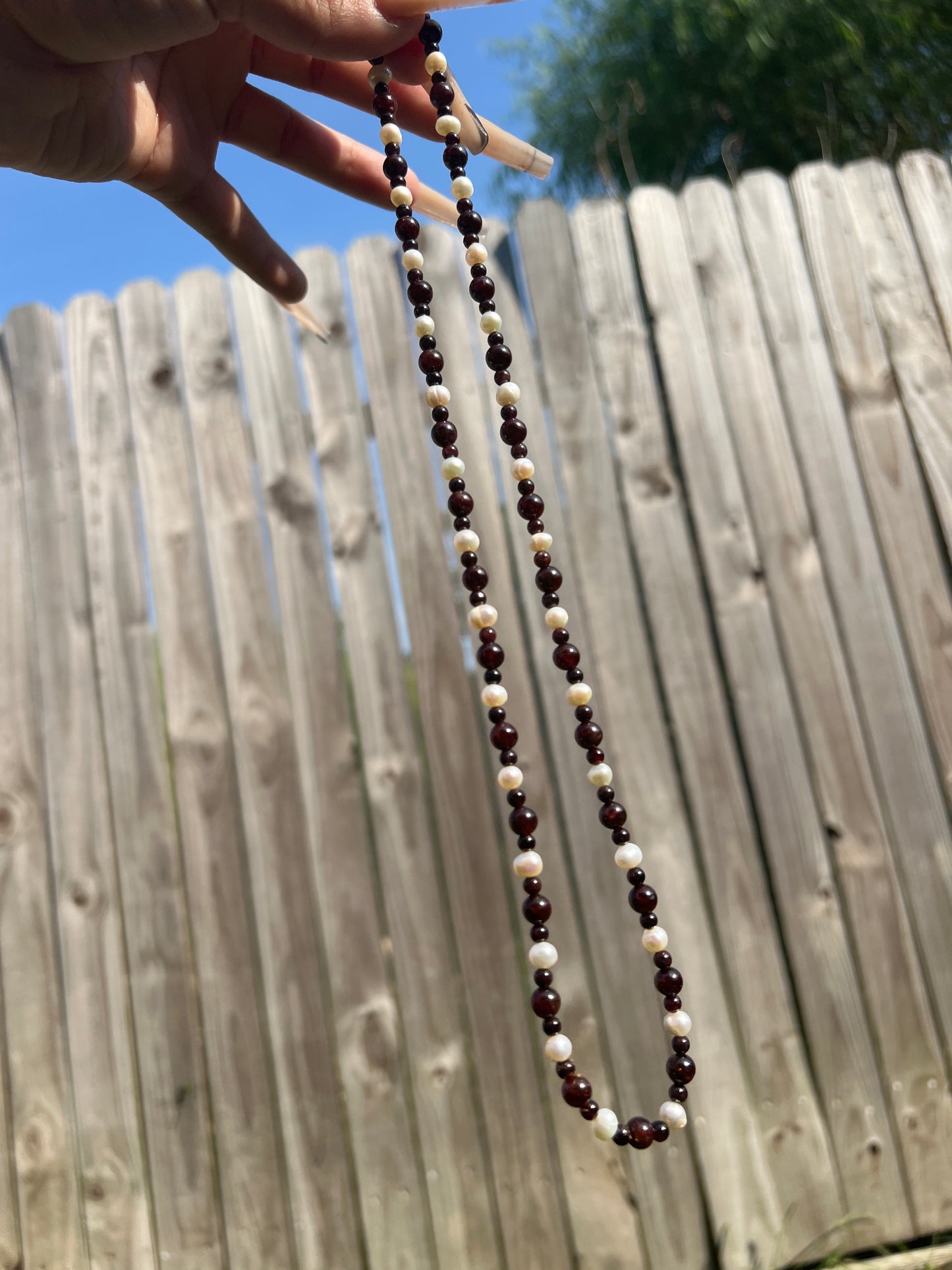 “Blood Lust” Stretchy 22” Garnet and Freshwater Pearl Necklace/Wrap Bracelet