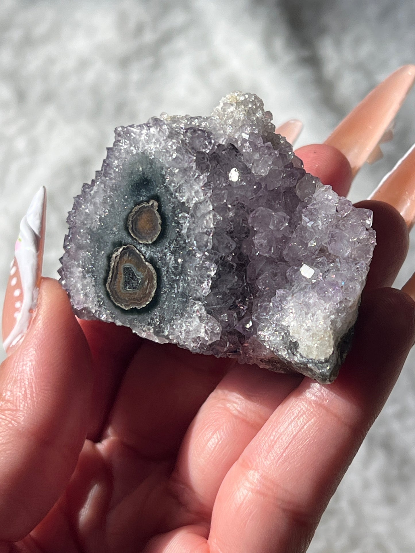 “Cute Cosmic Cyclops” Uruguayan Amethyst Clusters with Stalactite Eyes