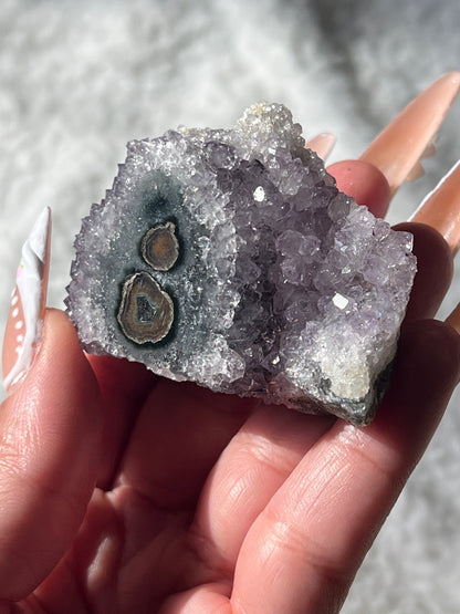 “Cute Cosmic Cyclops” Uruguayan Amethyst Clusters with Stalactite Eyes