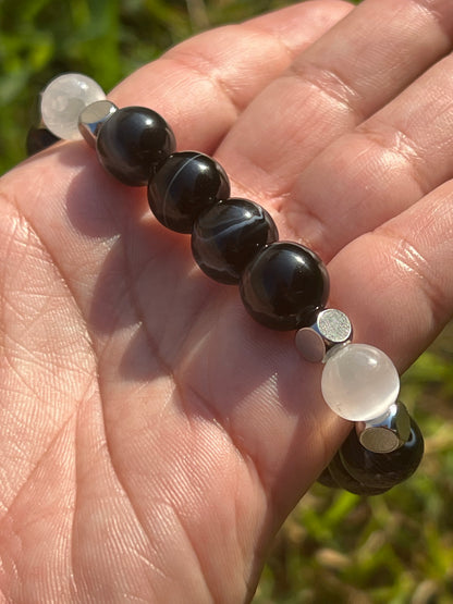 “Highly Protected” Black Agate and Satin Spar Bracelet