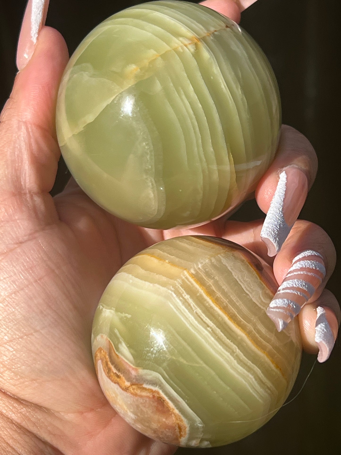 “Pistachio Layers” Green Onyx Spheres