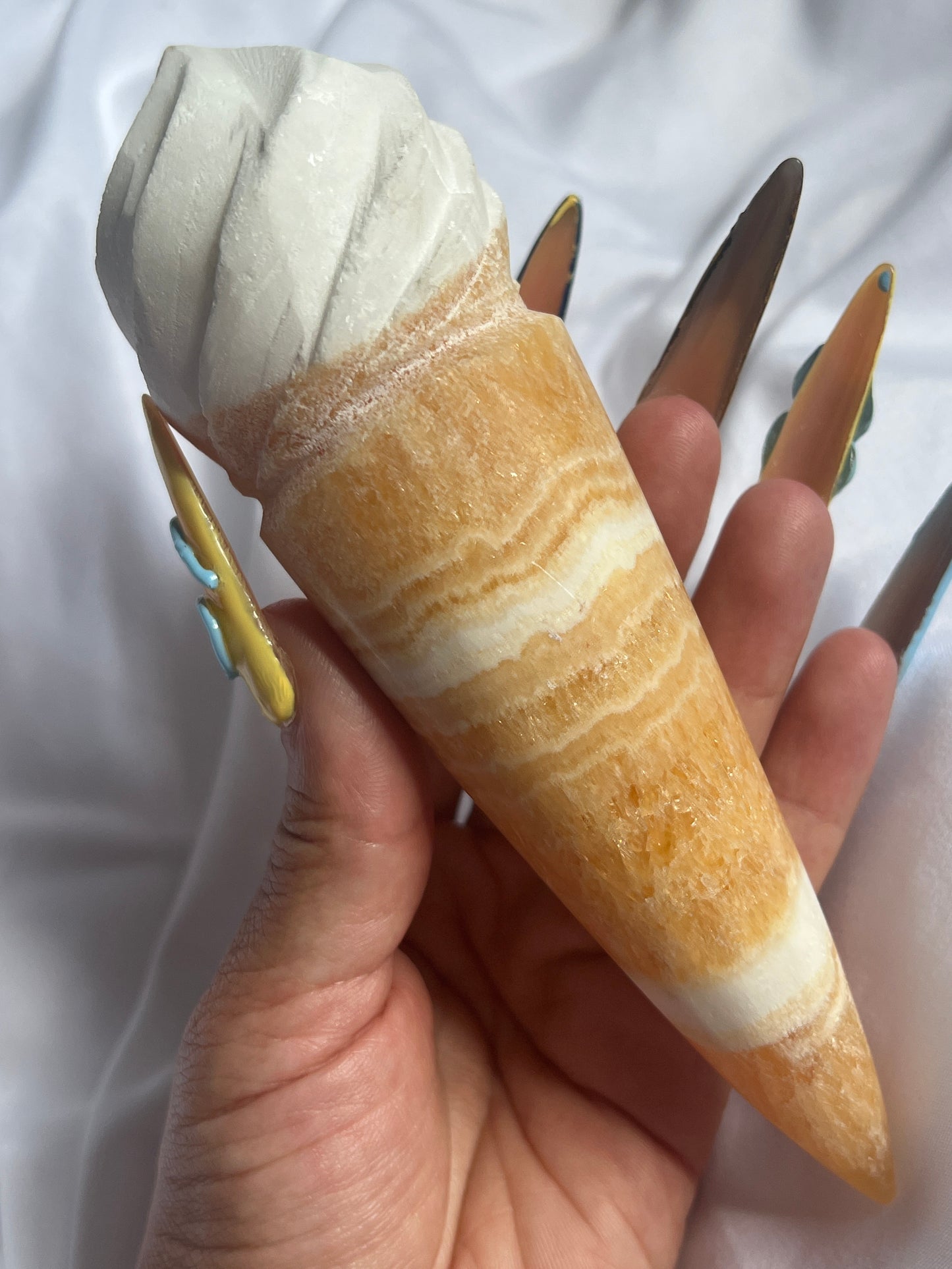 “Ice-Scream!” Juicy Banded Orange Calcite Ice Cream Cones