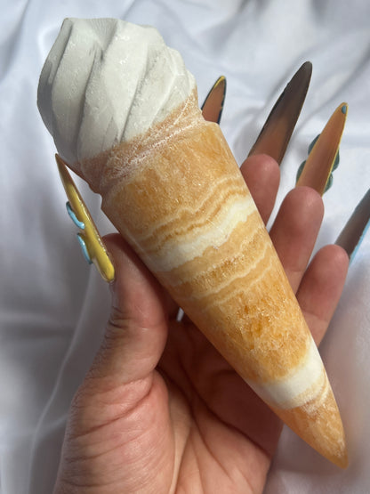 “Ice-Scream!” Juicy Banded Orange Calcite Ice Cream Cones