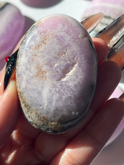 “Witch’s Brew” Pink Aragonite & Hematite Palm Stones