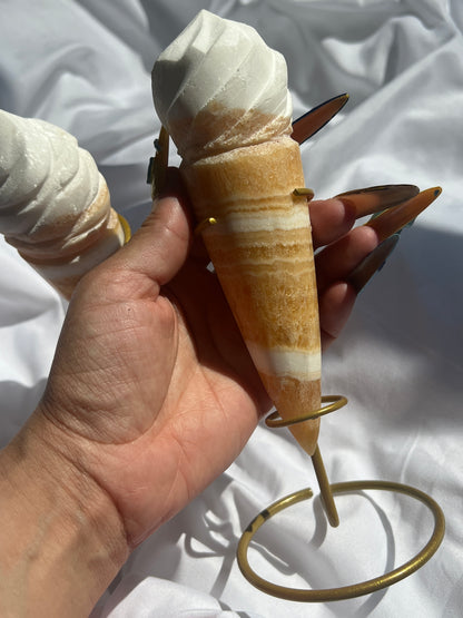 “Ice-Scream!” Juicy Banded Orange Calcite Ice Cream Cones