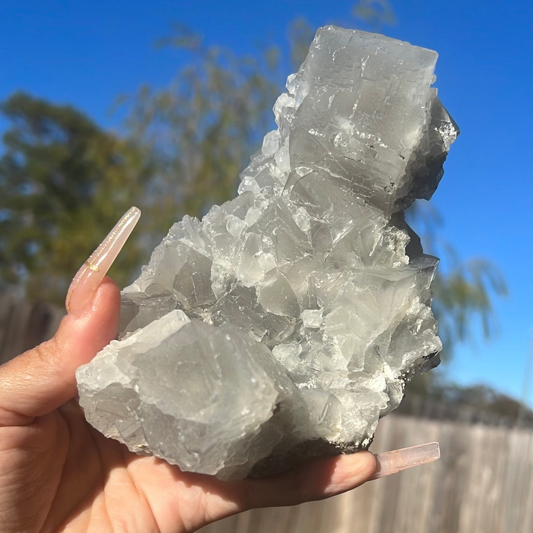 Etched Self-Standing Green Gray Xianghualing Fluorite Cluster ESGXF