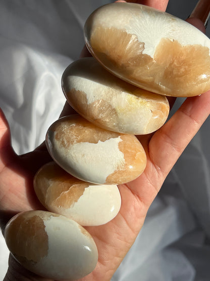 “Marshmallow Peach Pie” Peach Stilbite and Scolecite Palm Stones