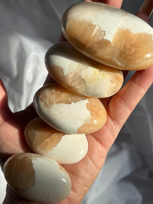 “Marshmallow Peach Pie” Peach Stilbite and Scolecite Palm Stones