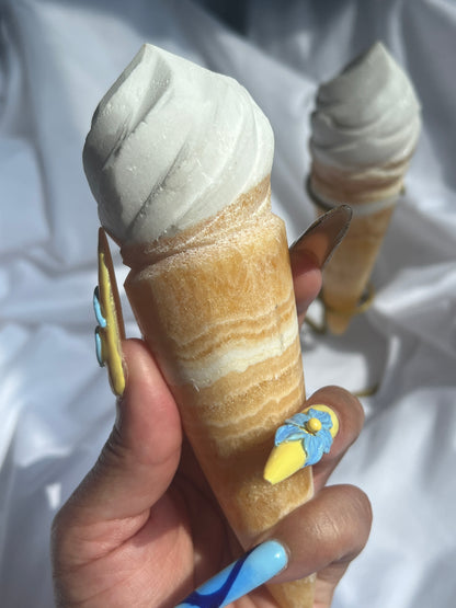 “Ice-Scream!” Juicy Banded Orange Calcite Ice Cream Cones