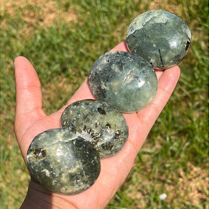 “Green Apple Jelly Dollops” Prehnite and Epidote Palm Stones