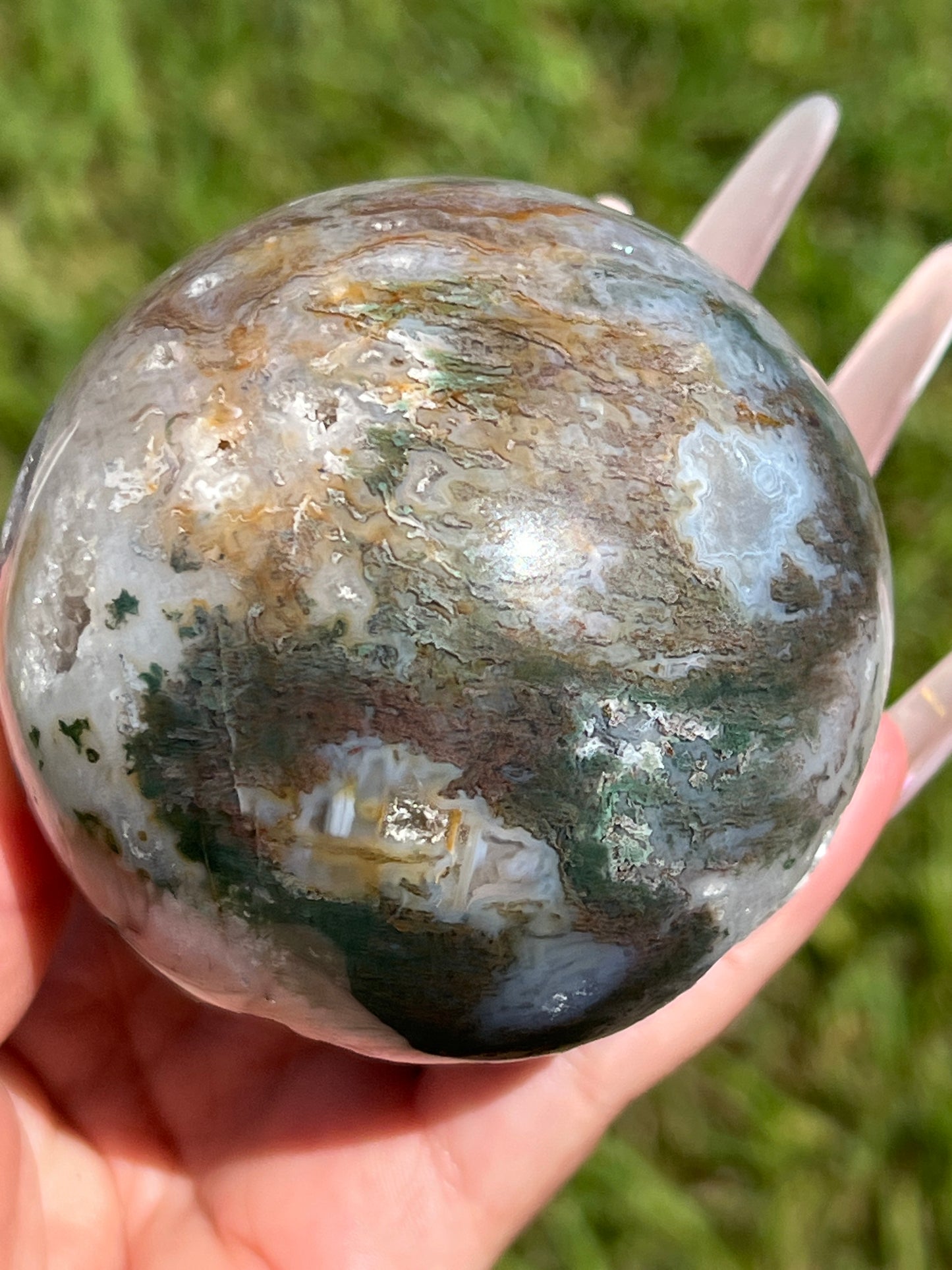 “Seasonal” Druzy Autumnal Moss Agate Sphere