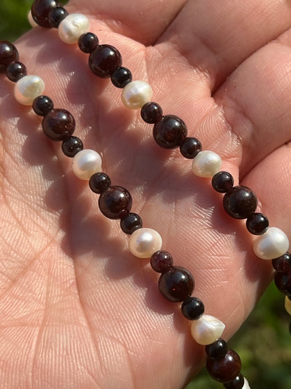 “Blood Lust” Stretchy 22” Garnet and Freshwater Pearl Necklace/Wrap Bracelet