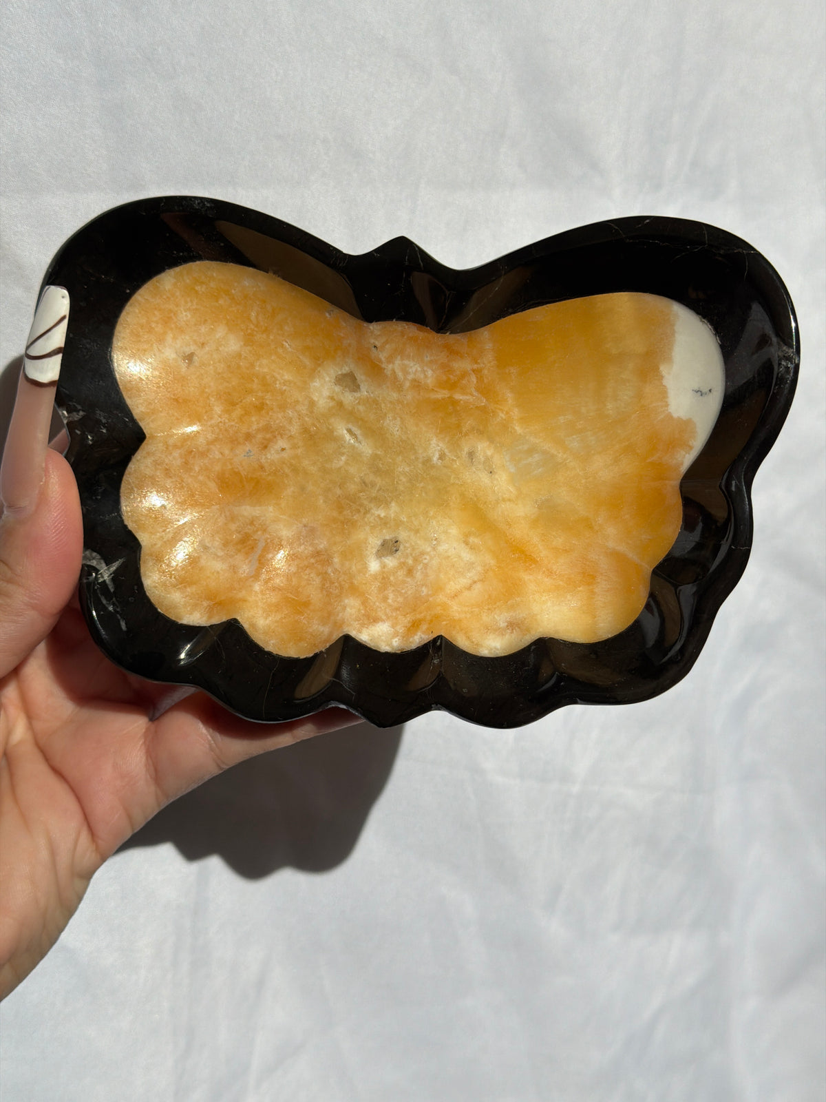 “Monarch Mood” Black Marble Edge Orange Calcite Butterfly Bowl