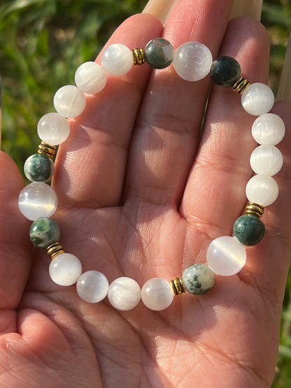 “Haunted Forest” Satin Spar & Moss Agate Bracelet