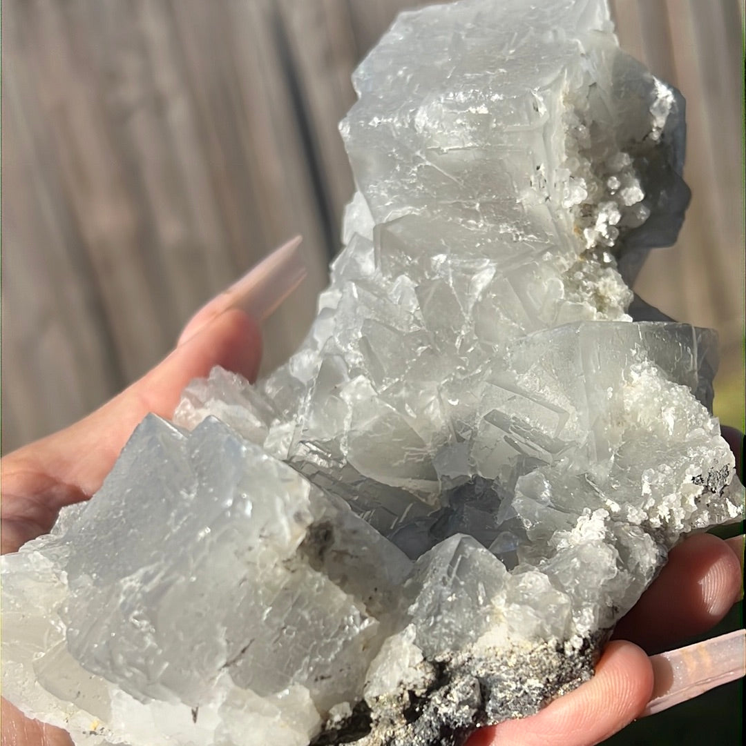 Etched Self-Standing Green Gray Xianghualing Fluorite Cluster ESGXF