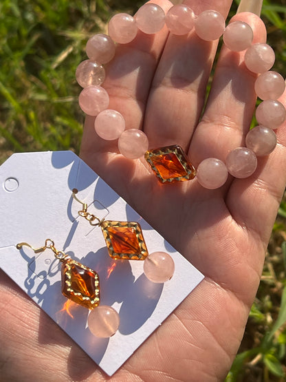 “Amber Sunset” Rose Quartz Bracelet and Earring Set