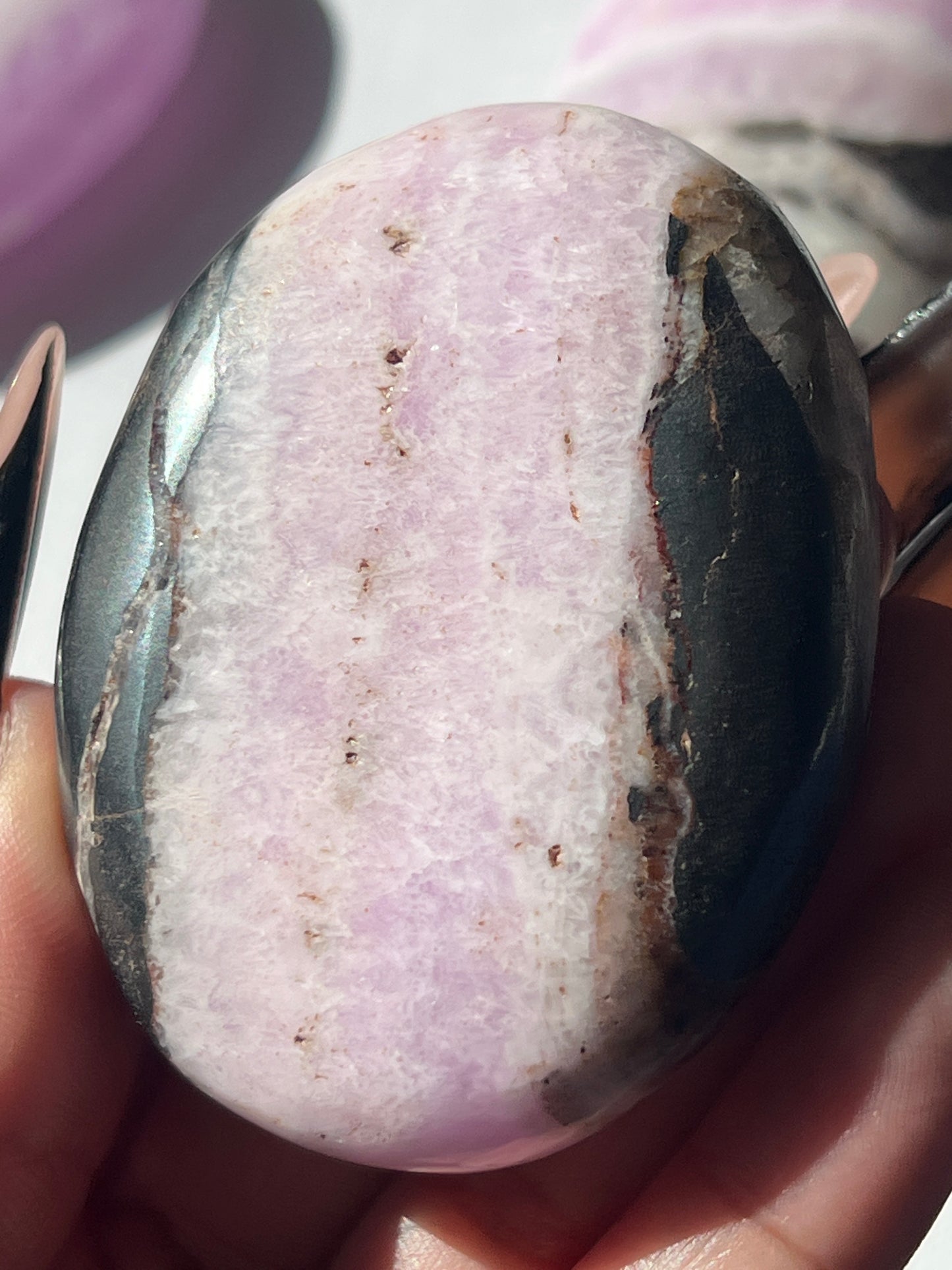 “Witch’s Brew” Pink Aragonite & Hematite Palm Stones