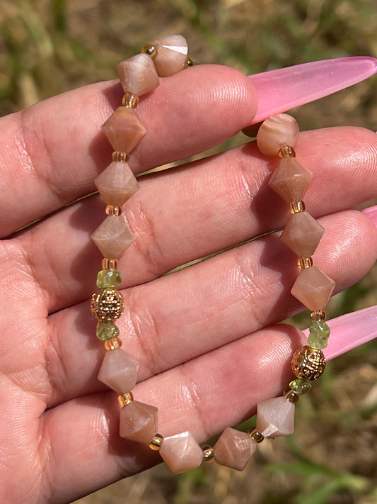 “Sun & Moon” Peach Moonstone with Sunstone Bracelet