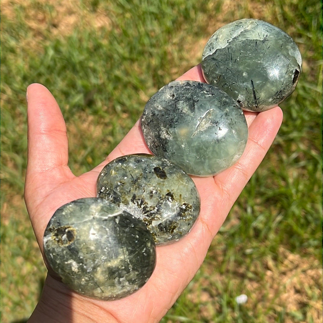 “Green Apple Jelly Dollops” Prehnite and Epidote Palm Stones