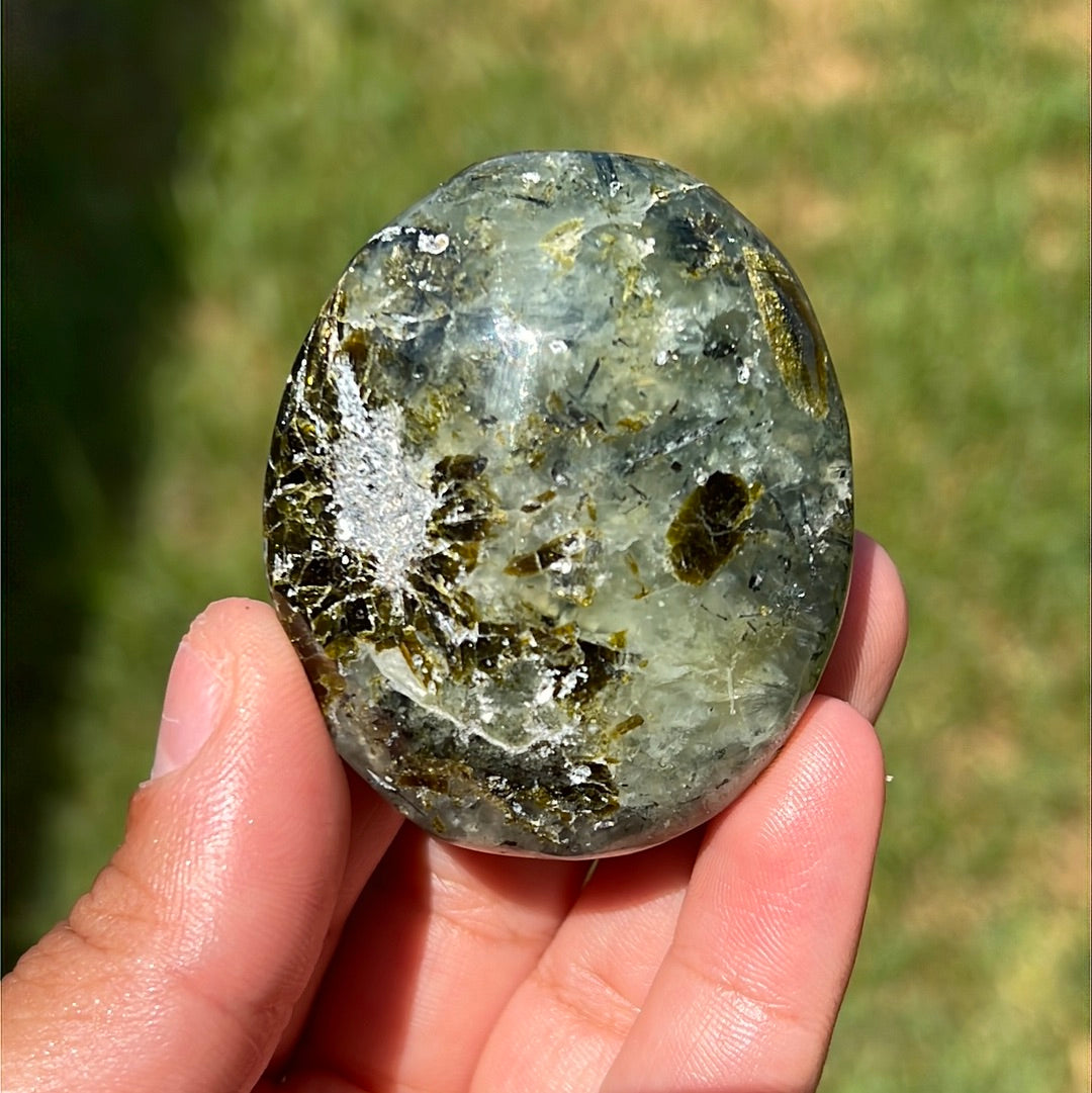 “Green Apple Jelly Dollops” Prehnite and Epidote Palm Stones