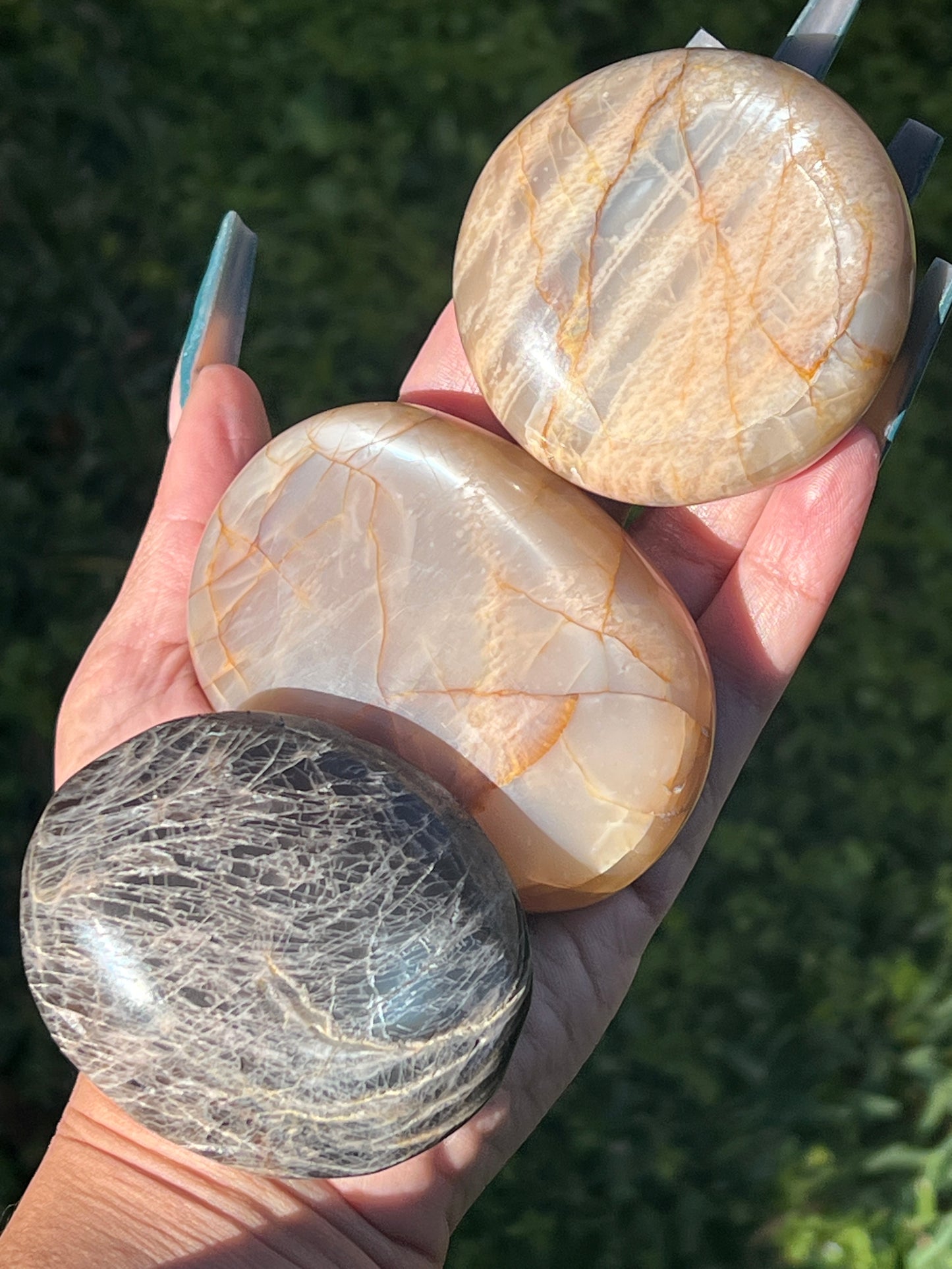 “Moon Cookies” Peach and Black Moonstone Palm Stones