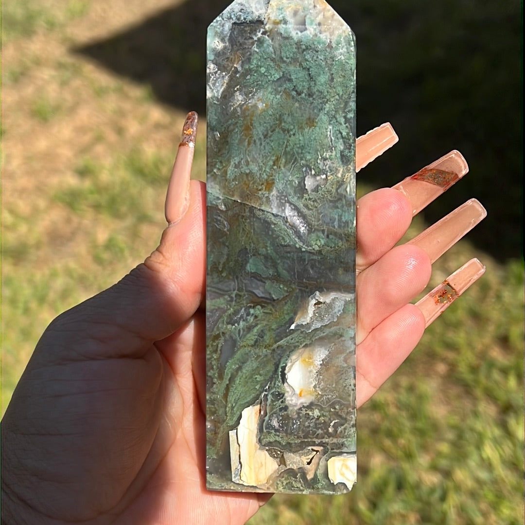 “Amber and Sage” Moss Agate Tower