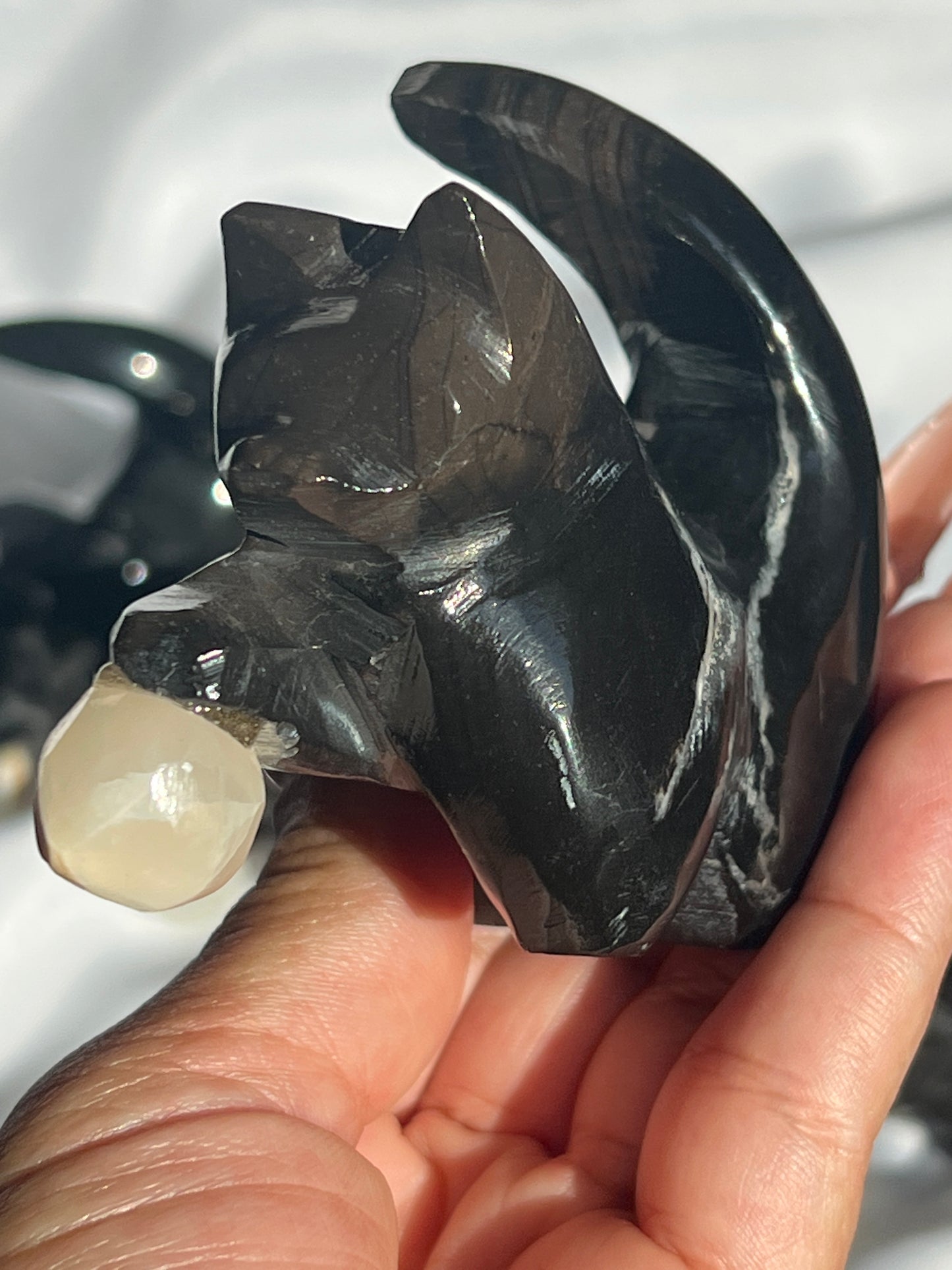 “Catnip” Black Marble Kitty with Calcite Yarn Ball