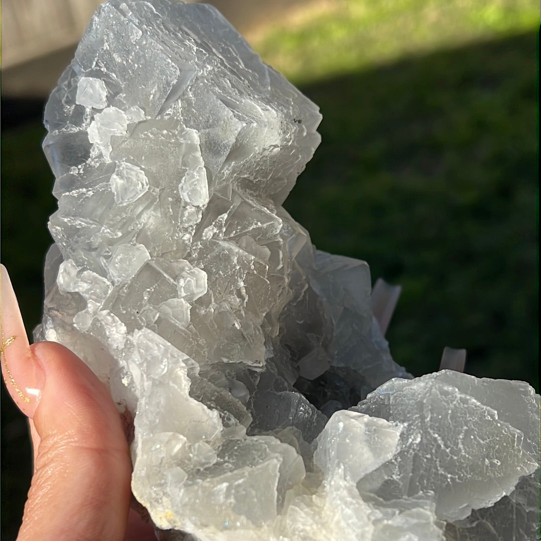 Etched Self-Standing Green Gray Xianghualing Fluorite Cluster ESGXF