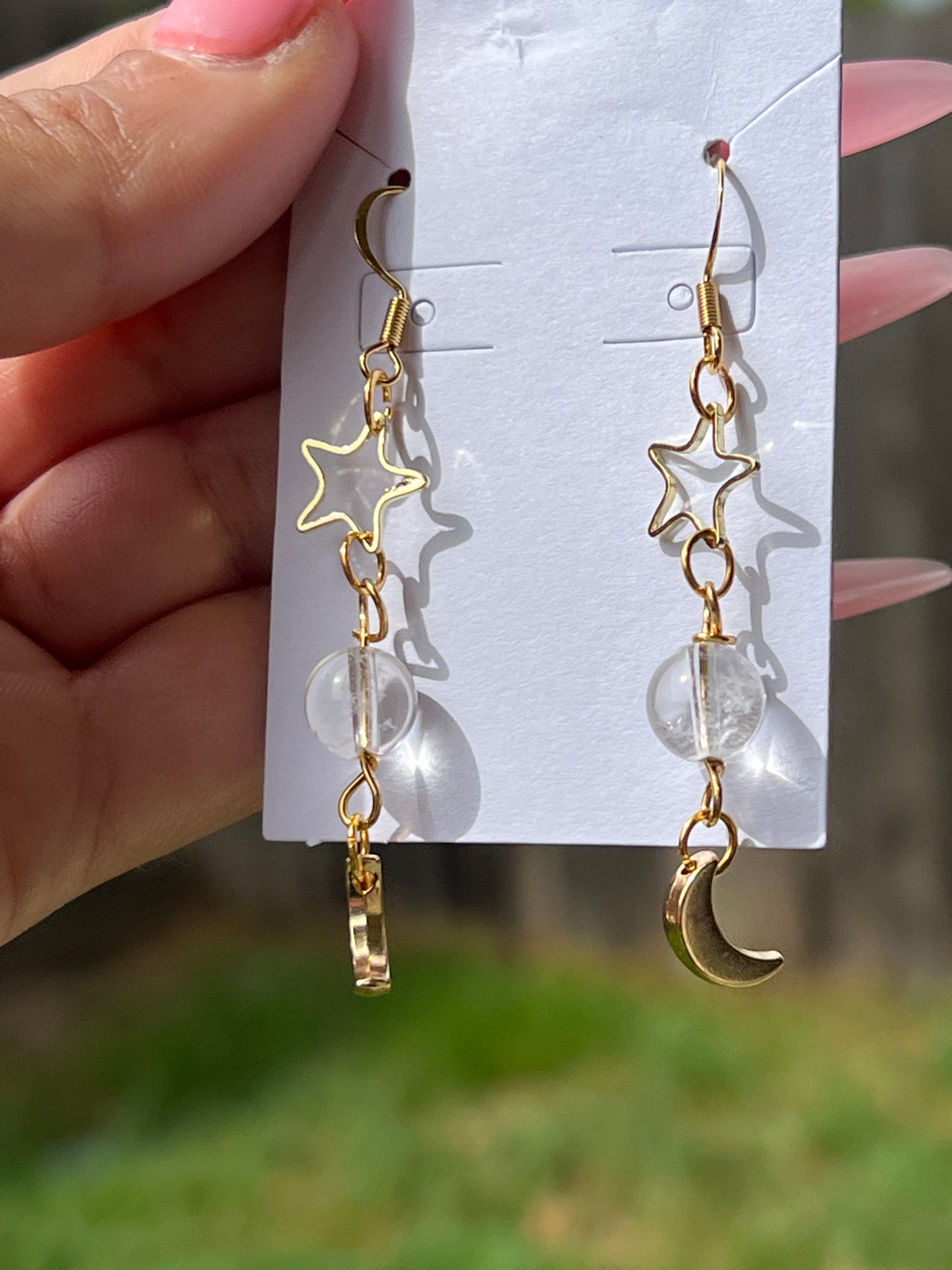 “Golden Galaxy” Clear Quartz Bead Star & Moon Earrings