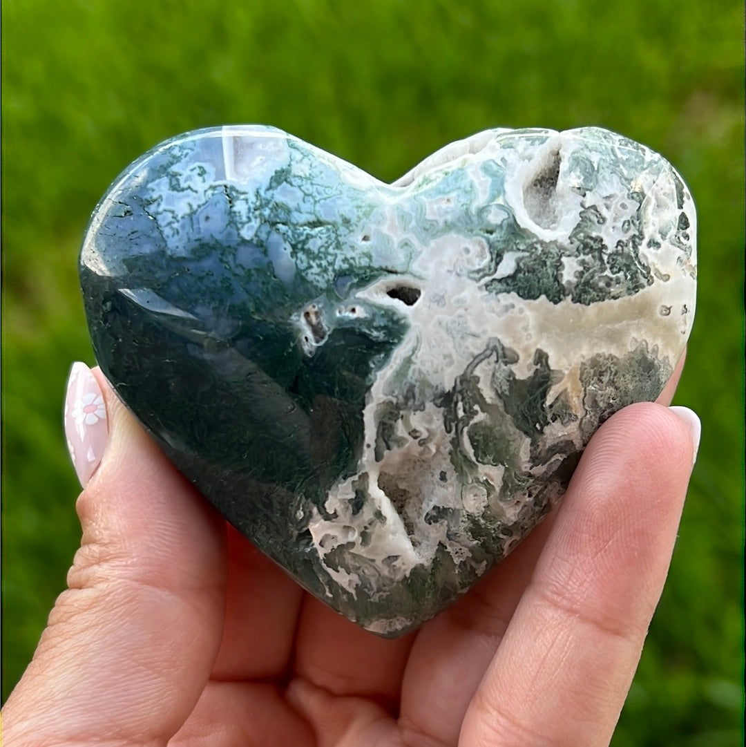 “Evergreen” Chunky Moss Agate Hearts