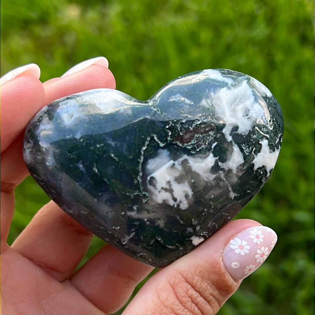 “Evergreen” Chunky Moss Agate Hearts